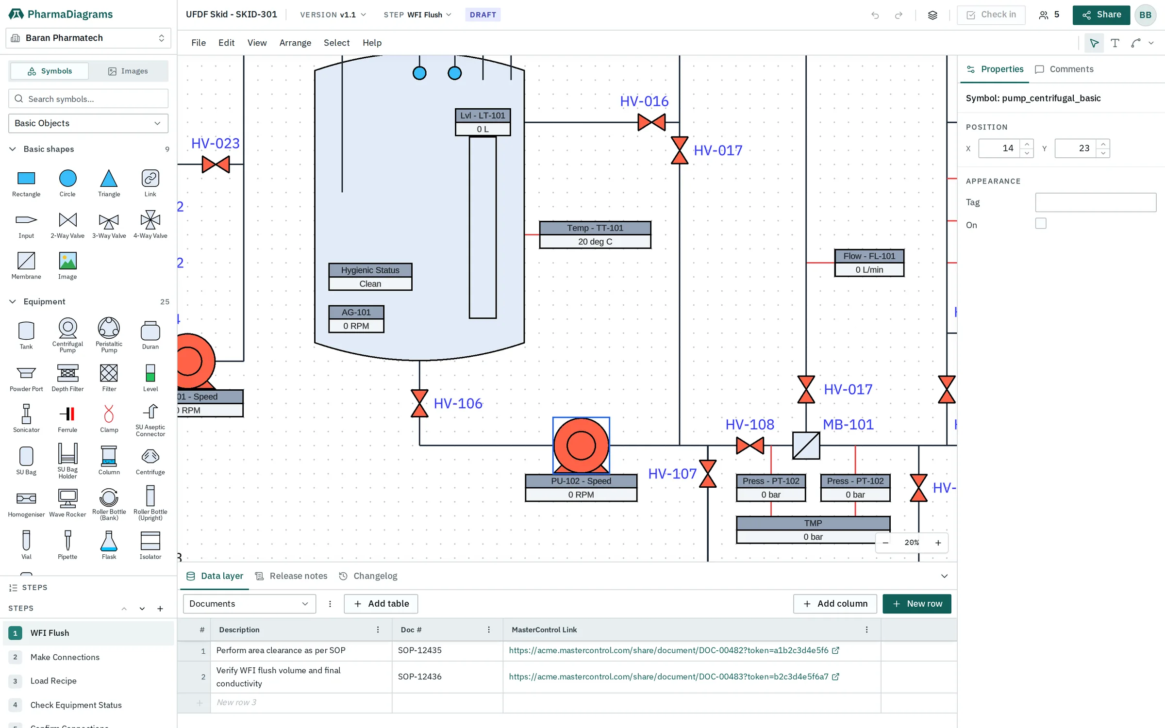 A UFDF skid P&ID drawn to ISA-5.1 in the editor, with the engineering data layer open below the drawing